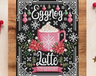 Counted Cross Stitch, Eggnog Latte Sign, Christmas Decor, Snowflakes, Poinsettias, Corner Motifs, Shannon Christine Designs, PATTERN ONLY