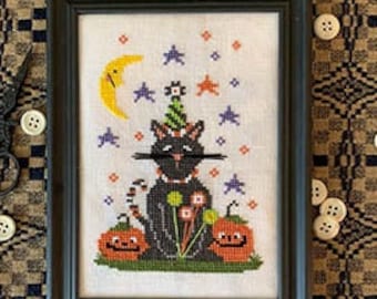 Counted Cross Stitch Pattern, Meow-o-ween, Cat, Halloween Decor, Pumpkins, Bowl Filler, Primitive, Stitches by Ethel, PATTERN ONLY