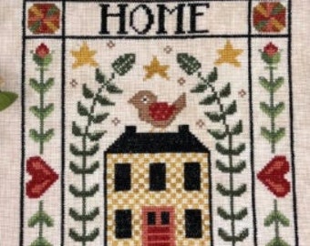 Counted Cross Stitch, 1884 Home Sampler, Country Rustic, Saltbox House, Rabbits, Flowers, Annie Beez Folk Art, PATTERN ONLY