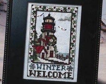 Counted Cross Stitch Pattern, Winter Welcome Lighthouse, Winter Decor, Seascape, Gulls, Wreath, Snow, Holly Vine, Stoney Creek, PATTERN ONLY