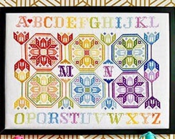 Counted Cross Stitch Pattern, Kaleidoscope, Alphabet Sampler, Quaker Style Motifs, Flower Motifs, Yasmins Made With Love, PATTERN ONLY