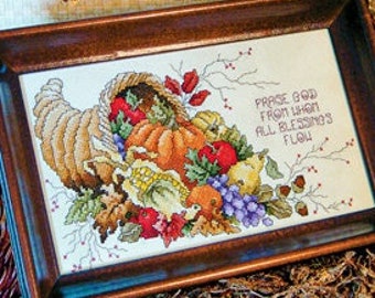 Counted Cross Stitch Pattern, Praise God Cornucopia, Autumn Decor, Thanksgiving Decor, Inspirational, Leaves, Stoney Creek, PATTERN ONLY