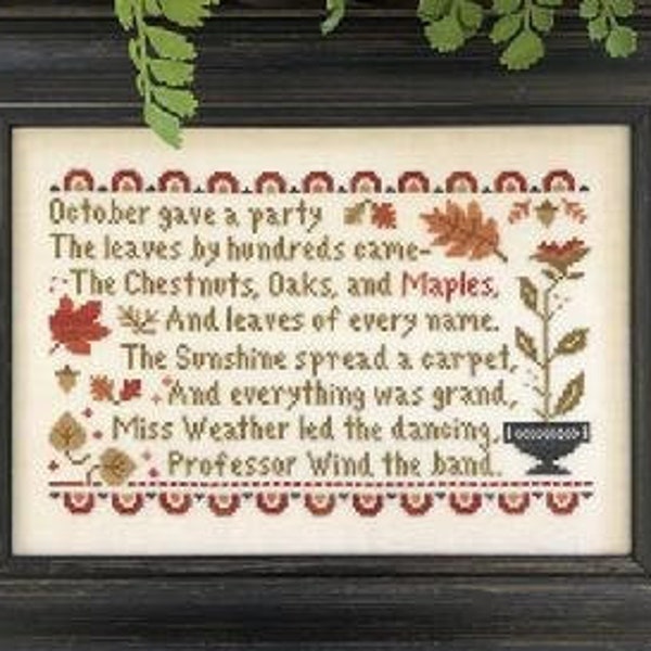 Counted Cross Stitch Pattern, October's Party, Fall Sampler, Autumn Decor, Acorns, Sunflower, Leaves, Little House Needleworks, PATTERN ONLY