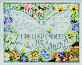 Counted Cross Stitch Pattern, I Believe, Inspirational, Spring Decor, Pansies, Humming Bird, Butterflies, Bees, Stoney Creek, PATTERN ONLY