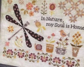 Counted Cross Stitch, In Nature, Spring Decor, Spring Motifs, Dragonfly, Flower Motifs, Emily Pengelly, Blueberry Ridge Design, PATTERN ONLY