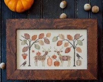 Counted Cross Stitch Pattern, Deer Friends, Autumn Decor, Woodland Decor, Pumpkins, Deer, Crows, Trees, Plum Street Samplers, PATTERN ONLY