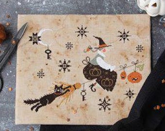 Counted Cross Stitch Pattern, Halloween Flight, Pumpkin Motifs, Black Cat, Witch, Madame Chantilly, PATTERN ONLY