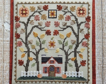 Counted Cross Stitch Pattern, Little House in the Autumn Woods, Fall Decor, Pumpkins, Leaves, Waxing Moon Designs, PATTERN ONLY