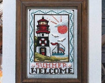 Counted Cross Stitch Pattern, Summer Welcome Lighthouse, Seascape, Summer Decor, Beach, Sun, Sailboat, Stoney Creek, PATTERN ONLY