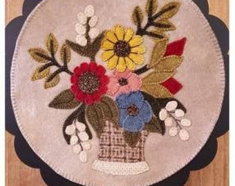 Wool Applique Pattern, A Round the Year, May, Wool Wallhanging, Floral Bouquet, Flowers, Primitive, Wool Mat, Sew Cherished, PATTERN ONLY