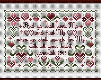 Counted Cross Stitch Pattern, With All Your Heart, Inspirational Sampler, Flower Motifs, Heart Motifs, Happiness is Heart Made, PATTERN ONLY