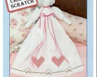 Embroidery Kit, Vintage Pillowcase Doll Skirt, Stamped Embroidery, Doll, Chicken Scratch Hearts, Flowers, Jack Dempsey Needle Art, KIT ONLY