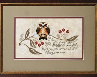 Counted Cross Stitch Pattern, Feathers and Wings, Inspirational, Psalm 91:4, Tree Branches, Owl, Snowflakes, Stoney Creek, PATTERN ONLY