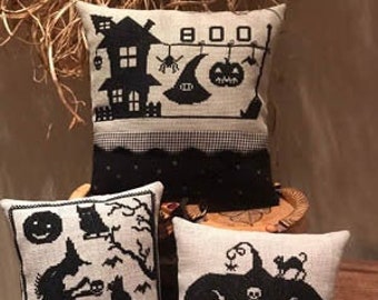 Counted Cross Stitch Pattern, Black Halloween Series, Witch, Black Cat, Broomstick, Spider, Primitive, Twin Peak Primitives, PATTERN ONLY