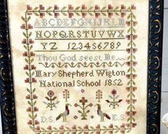 Counted Cross Stitch Pattern, Mary Wigton, Alphabet Reproduction Sampler, Birds, Shellie Fry, Antique Needleworkers, PATTERN ONLY
