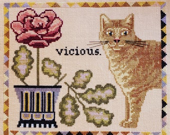 Counted Cross Stitch, Vicious, Country Chic, Cat, Flowerpot, Rose, Aztec Border, Gigi Reavis, The Artsy Housewife, PATTERN ONLY