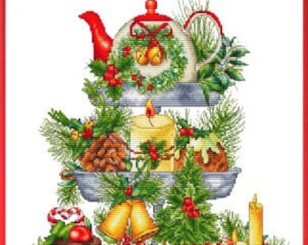 Counted Cross Stitch Pattern, Christmas Tiered 2022, Tiered Tray, Tea Kettle, Candles, Pine Cones, Les Petites Croix de Lucie, PATTERN ONLY