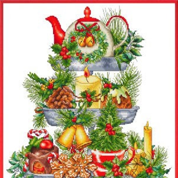 Counted Cross Stitch Pattern, Christmas Tiered 2022, Tiered Tray, Tea Kettle, Candles, Pine Cones, Les Petites Croix de Lucie, PATTERN ONLY