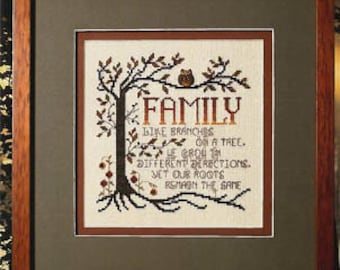 Counted Cross Stitch Pattern, Family Roots, Family Sampler, Sunflowers, Inspirational, Tree Branches, Owl,  Stoney Creek, PATTERN ONLY