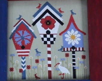 Counted Cross Stitch Pattern, Red, White & Blue Summer, Patriotic, Birdhouses, Bird Motifs, Flower Motifs, Americana, Thistles, PATTERN ONLY