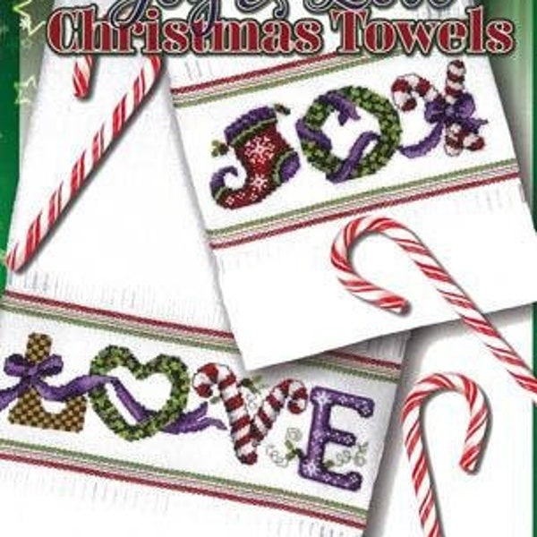 Modèle de point de croix compté, serviettes de Noël joie et amour, bas, couronne, cannes de bonbon, houx, décor de Noël, Stoney Creek, motif uniquement