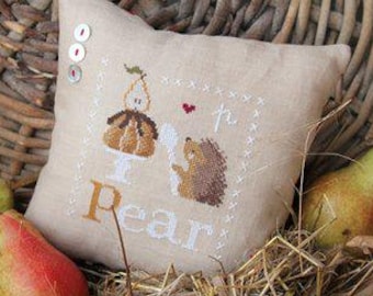 Counted Cross Stitch Pattern, P is for Pear, Hedgehog, Pillow Ornament, Bowl Filler, Pear Cake, Pin Keep, Madame Chantilly, PATTERN ONLY