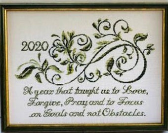 Counted Cross Stitch Pattern, Focus Year,  2020 Sampler, Ivy Vine Motif, Love, Forgive, Pray, Verse, Country Rustic, Keslyn's, PATTERN ONLY