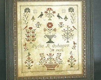 Counted Cross Stitch, Lydia R Cohagan, Antique Reproduction, Reproduction Sampler, Primitive Decor, Rustic Decor, Blackbird Designs