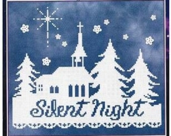 Counted Cross Stitch Pattern, Silent Night Silhouette, Evergreen Trees, Snowflakes, Snow, Church, Inspirational, Stoney Creek, PATTERN ONLY