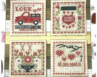 Counted Cross Stitch Pattern, Valentine Signs, Pick Up Truck, Roses, Hearts, February 14th, Motifs, Ornaments, Tiny Modernist, PATTERN ONLY