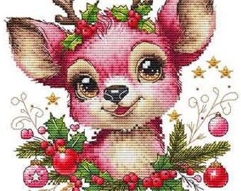Counted Cross Stitch Pattern, Christmas Pink Reindeer, Christmas Decor, Ornament, Holly, Deer, Les Petites Croix de Lucie, PATTERN ONLY