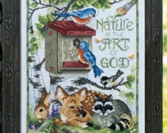Counted Cross Stitch Pattern, The Art of God, Pillow, Inspirational Sampler, Nature, Woodland Animals, Bluebirds, Stoney Creek, PATTERN ONLY