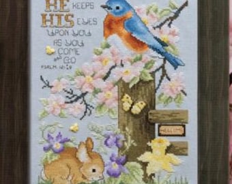 Counted Cross Stitch Pattern, His Eyes, Faith, Religious, Pillow, Inspirational Sampler, Psalm 121:8, Flowers, Stoney Creek, PATTERN ONLY