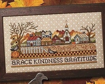 Counted Cross Stitch Pattern, Harvest Gratitude, Country Decor, Autumn Decor, Village, Sunflowers, Pumpkins, Stoney Creek, PATTERN ONLY