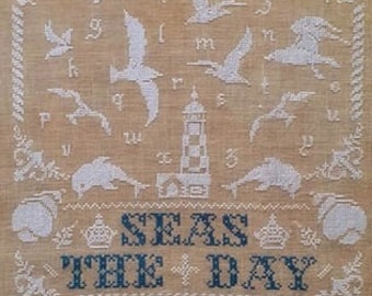 Counted Cross Stitch Pattern, Seas the Day, Lighthouse, Alphabet Sampler, Dolphins, Ocean Life Motifs, Twin Peak Primitives, PATTERN ONLY
