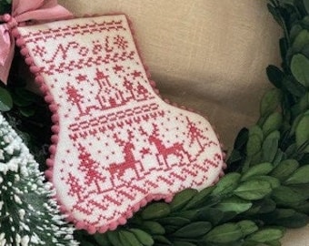 Counted Cross Stitch Pattern, A Danish Stocking, Church, Reindeer, Evergreens, Scandinavian Style, J B W Designs, PATTERN ONLY