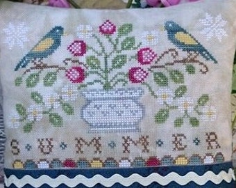 Counted Cross Stitch Pattern, Seasons, Summer, Pillow Ornaments, Bowl Fillers, Pin Keep, Seasons Series, Birds, Lila's Studio.  PATTERN ONLY