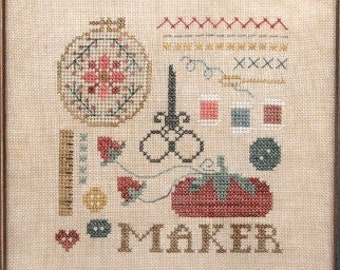 Counted Cross Stitch, Doodles: Maker, Craft Room Decor, Notion Motifs, Pillow Ornament, Bowl Filler, Heart in Hand, PATTERN ONLY