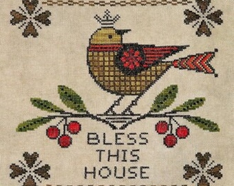 Counted Cross Stitch Pattern, Bless This House, Heart Motifs, Pennsylvania Dutch Design, Bird, Folk Art, Artful Offerings, PATTERN ONLY