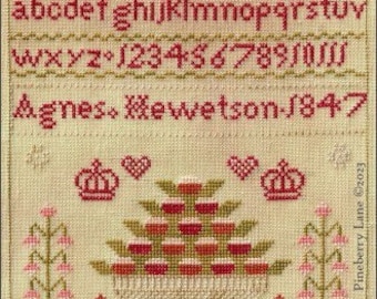 Counted Cross Stitch Pattern, Agnes Hewetson, Antique Reproduction, Reproduction Sampler, Crowns, Hearts, Pineberry Lane PATTERN ONLY
