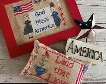 Counted Cross Stitch, God Bless America, Independence Day, Stars and Stripes, Red, White Blue, Cardinal, Romy's Creation, PATTERN ONLY