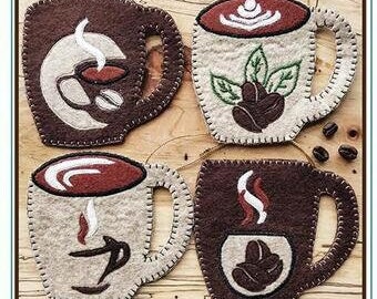 Wool Applique Pattern and Kit, Coffee Mugs, Ornaments, Home Decor, Coffee, Wool Ornaments, Rachel's of Greenfield, PATTERN AND KIT