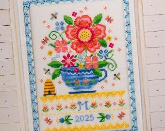 Counted Cross Stitch Pattern, Garden Tea, Summer Decor, Personalize, Flower Motifs, Beehive, Bees, Cherry Blossoms, PATTERN ONLY
