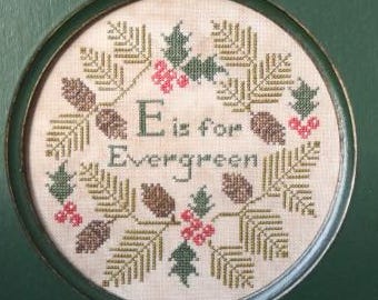 Counted Cross Stitch Pattern, E is for Evergreen, Pillow Ornament, Bowl Filler, Alphabet Series #12, Heartstring Samplery, PATTERN ONLY