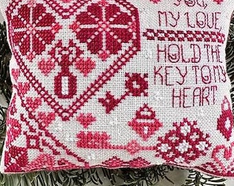 Counted Cross Stitch Pattern, You, My Love, Pillow Ornament, Quaker Motifs, Valentine's Day Decor, Key, Luhu Stitches, PATTERN ONLY