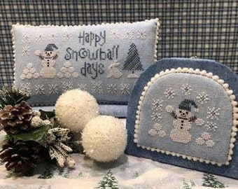 Counted Cross Stitch Pattern, Happy Snowball Days, Winter Decor, Snowman, Bunny, Snowballs, Snowflakes, Scissor Tail Designs, PATTERN ONLY