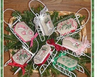 Counted Cross Stitch Pattern, Christmas Ride, Christmas Decor, Sled Ornaments, Ice Skates, Holly Berries, Sue Hillis Designs, PATTERN ONLY