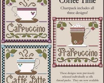 Counted Cross Stitch Pattern, Coffee Time, Country Chic, Cappuccino, Frappuccino, Caffe Latte, Motifs, Little House Needlework, PATTERN ONLY