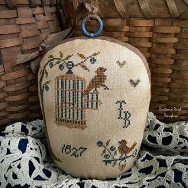 Counted Cross Stitch Pattern, Set Free Pinkeep, Birds of a Feather, Drum, Primitive Decor, Pin Keep, Scattered Seed Samplers, PATTERN ONLY