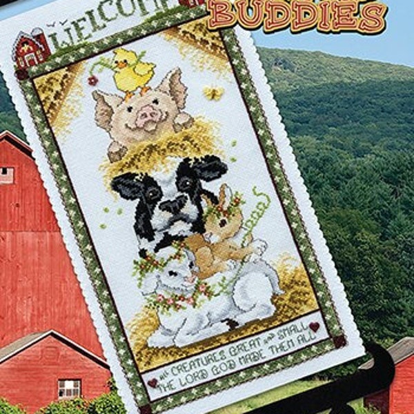 Counted Cross Stitch Pattern, Barnyard Buddies, Farmhouse Decor, Welcome Banner, Inspirational Verse, Barns, Pig, Stoney Creek, PATTERN ONLY